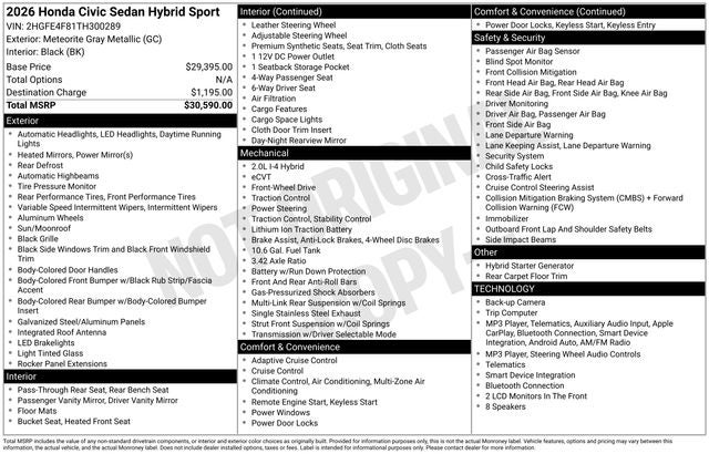 2026 Honda Civic Hybrid Sport