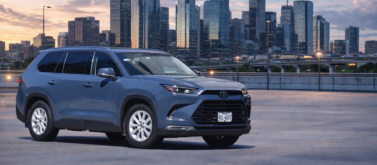 Blue Toyota Highlander SUV parked on a rooftop with city skyline background